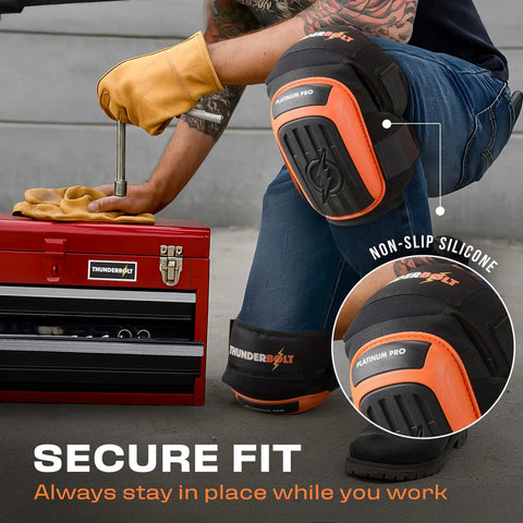 Person using Heavy Duty Knee Pads For Work And Home Use With Double Gel Comfort Extra Thick Foam Adjustable Non Slip Straps Ideal For Construction Gardening Flooring Roofing And More For Men And Women while fixing toolbox.