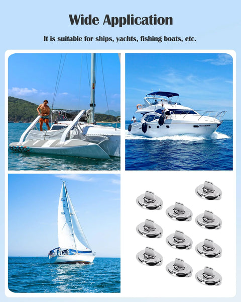 Nerites twist-lock fasteners, marine-grade brass with zinc spring, 10-piece set; collage showing boats and close-up hardware.
