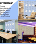 Twelve Pack Hexagonal Acoustic Panels Peel Stick Sound Dampening Foam Tiles used in multiple settings like home studio and gaming room.