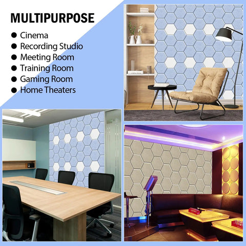 Twelve Pack Hexagonal Acoustic Panels Peel Stick Sound Dampening Foam Tiles used in multiple settings like home studio and gaming room.