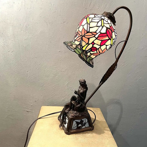 Lily Flower Tiffany Style Stained Glass Table Lamp With Girl Figurine Base, 20 inch vintage home decor on table