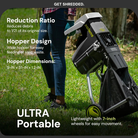 Person standing with Corded Wood Chipper Shredder For Yard Cleanup With Collection Bag 1.7 Inch Cutting Capacity And 15 Amp Electric Motor