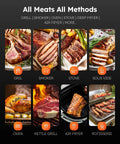 Ultra Thin Wireless Meat Thermometer With 0.5 Second Instant Read Digital Food Thermometer 600ft Bluetooth Range Real Time Monitoring And Smart Alerts For BBQ Grill Smoker Oven And Air Fryer display showing various cooking methods including grill and smoker with meats