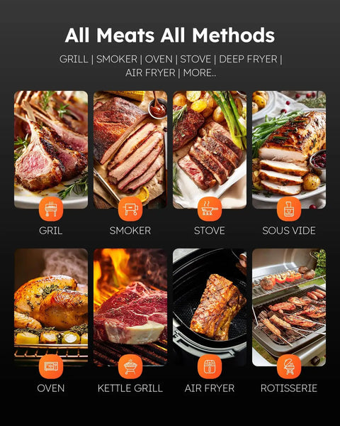 Ultra Thin Wireless Meat Thermometer With 0.5 Second Instant Read Digital Food Thermometer 600ft Bluetooth Range Real Time Monitoring And Smart Alerts For BBQ Grill Smoker Oven And Air Fryer display showing various cooking methods including grill and smoker with meats