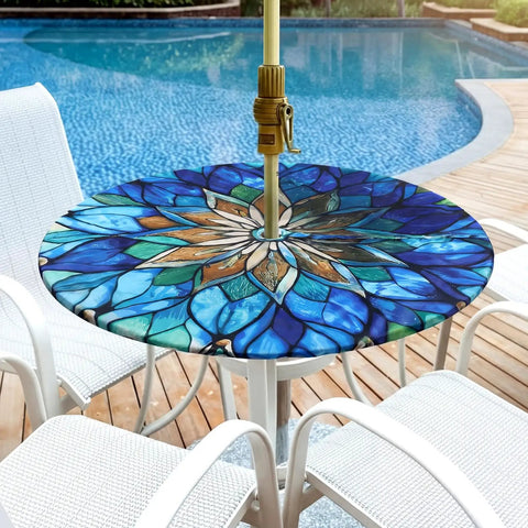 Mandala Round Outdoor Tablecloth With Umbrella Hole Zipper For 45 To 53 Inch Tables Waterproof Anti Wrinkle Durable Patio Party Gear