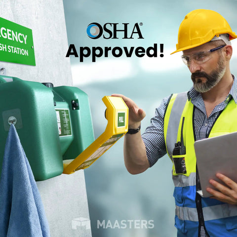 Worker inspecting OSHA compliant 8 Gallon Portable Eye Wash Station With Wall Mount Emergency Eyewash System in use