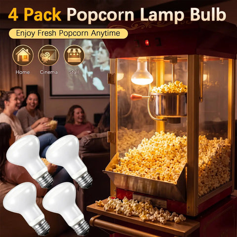 4 Pack 50W 120V R20 Popcorn Machine Light Bulb Replacement Bulbs For Warmers Keeps Popcorn Hot, Fresh, And Crispy For Concession Stands And Home Popcorn Setups. 4-pack white R20 bulbs in popcorn machine