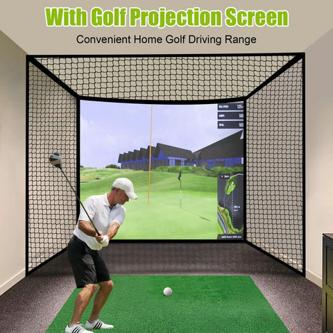 Indoor setup with Oversized 10x10x10 Feet Golf Hitting Cage Net, golfer swinging, projection screen in background.