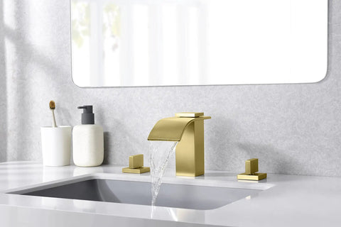 Brushed Gold Waterfall Bathroom Faucet, 8-Inch Widespread 3-Hole Sink Faucet, Solid Brass Valve installed on modern vanity