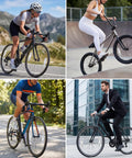 Cyclists riding road, BMX, and commuter bikes with Two Pack Bike Spoke Reflectors For Night Rides visible on wheels in various settings.