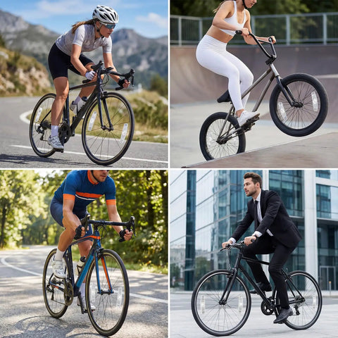 Cyclists riding road, BMX, and commuter bikes with Two Pack Bike Spoke Reflectors For Night Rides visible on wheels in various settings.