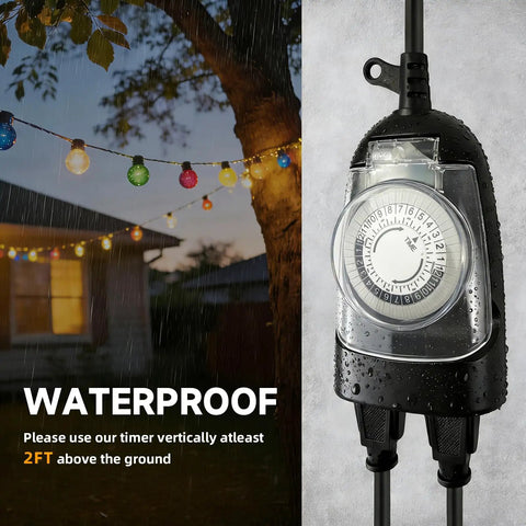 All Season Heavy Duty Outdoor Timer With Six Foot Cord 24 Hour Mechanical Settings, waterproof timer with two outlets in rainy weather.