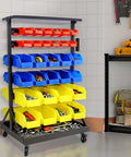 60 Bin Parts Bin Rack For Garage Storage 6 Tier Dual Sided Rolling Steel Shelf 350 Lb Capacity Heavy Duty Portable Wheels Mobile Tool Organizer With Plastic Bins