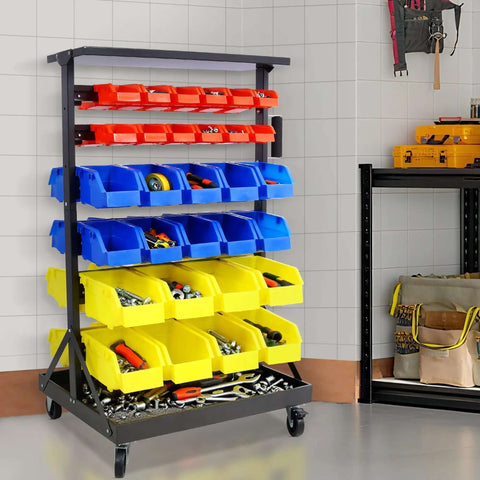 60 Bin Parts Bin Rack For Garage Storage 6 Tier Dual Sided Rolling Steel Shelf 350 Lb Capacity Heavy Duty Portable Wheels Mobile Tool Organizer With Plastic Bins