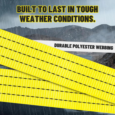 Heavy Duty Ratchet Straps 8 Pack 2 Inches By 15 Feet Featuring Bulletproof 4500 Pound Breaking Strength For Secure Cargo Tie Downs On Hotshot Trucks Built Tough To Crush Daily Hauls, showing durable yellow polyester webbing.