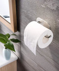 Self Adhesive Toilet Paper Holder For Bathroom And Kitchen Wall Mount Brushed Stainless Steel No Drill Easy Clean Stick On Design With Upward Bend Keeps Roll Secure And Accessible.
