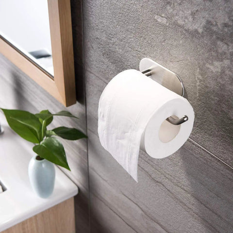 Self Adhesive Toilet Paper Holder For Bathroom And Kitchen Wall Mount Brushed Stainless Steel No Drill Easy Clean Stick On Design With Upward Bend Keeps Roll Secure And Accessible.