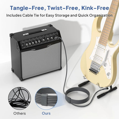 Right Angle to Straight One Quarter Inch TRS Instrument Cable 10ft 2-Pack for Electric Guitar Bass Keyboard and Amp Speaker Balanced