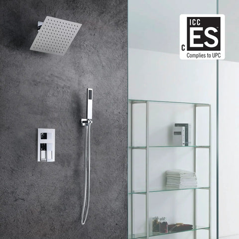 Polished Chrome Shower System With 8 Inch Rain Shower Head And Handheld, Wall Mounted Spa Vibe Shower Faucet Set in modern bathroom.