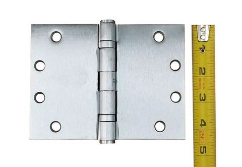 Wide Throw Door Hinges 4.5 Inch By 6 Inch Heavy Duty Satin Chrome 180 Degree Clearance Rust Resistant Ball Bearing Design 2 Pack For Easy Full Access Doors, Cabinets, Or Gates With Smooth Operation Built To Last. Satin chrome wide throw hinge with tape measure