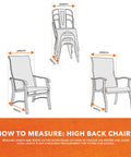 Diagram showing measurements for Weather-Resistant Patio Chair Cover For Stackable High-Back Bar Chairs, Outdoor Furniture Protection.