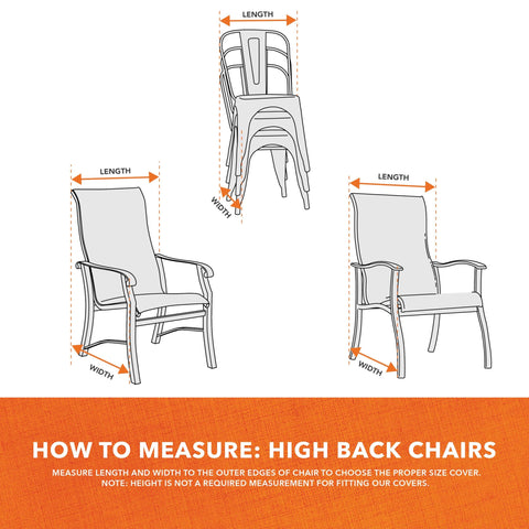 Diagram showing measurements for Weather-Resistant Patio Chair Cover For Stackable High-Back Bar Chairs, Outdoor Furniture Protection.