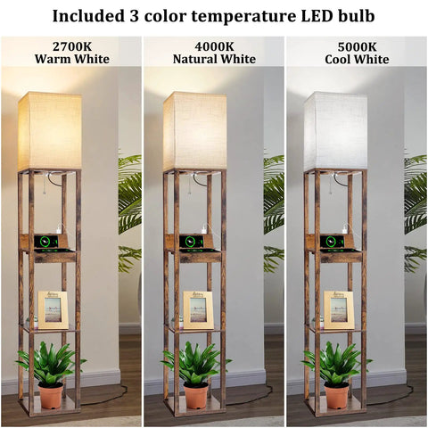 Must Have Floor Lamp With Shelves For Living Room And Bedroom, USB Ports A And C, Rustic Brown Wood in three LED light settings