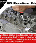 Applying Beefed-Up High Temperature RTV Silicone Gasket Maker Sealant Black on engine component close-up.