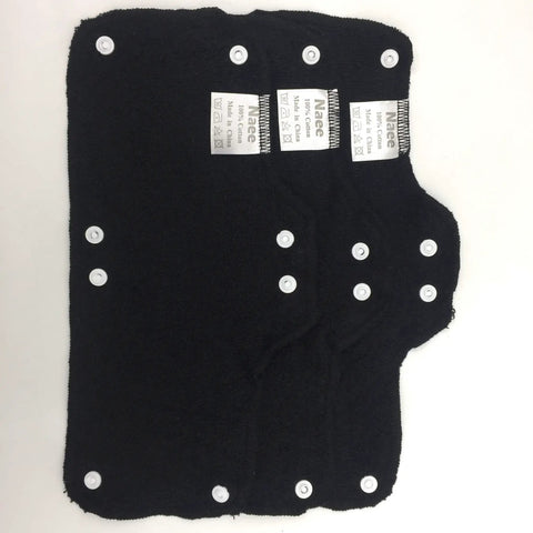 Soft Velvet Terry Cloth Sweatband For Hard Hats 3 Pack Washable Snap On Liner Black. Absorbs sweat with white snaps visible.