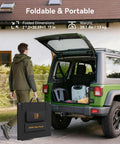 Person loading a 400W Foldable Portable Solar Panel for Power Stations and RVs IP68 Waterproof ETFE into a car.
