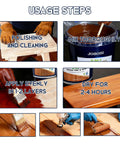 Usage steps for Redwood Wood Stain And Sealer In One, 1 Gallon Heavy Duty Finish, showing polishing, mixing, applying, and drying.