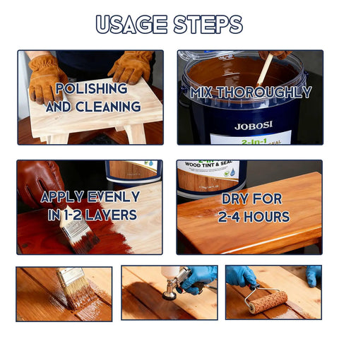 Usage steps for Redwood Wood Stain And Sealer In One, 1 Gallon Heavy Duty Finish, showing polishing, mixing, applying, and drying.