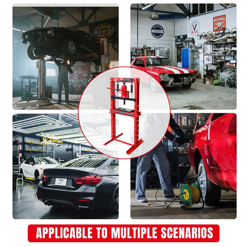 Heavy Duty H-Frame Hydraulic Floor Press for Garage and Shop, 12 Ton Capacity, shown in multiple garage scenarios