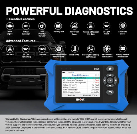 OBD2 Scanner For All Systems With Live Data Readout Clears Check Engine, ABS, SRS And TPMS Codes And Tests Your Battery And Alternator