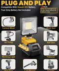 38W 3800LM LED Work Light for Dewalt 20V Battery, image showing compatibility with various tools for job sites, battery not included
