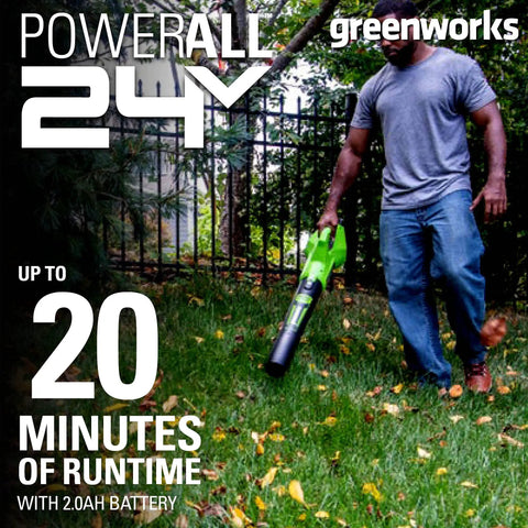 Give Your Lawn That Righteous Glow Up With This Badass 24V Cordless Combo Kit Packing A 12 Inch String Trimmer And Blower With Auto Feed Head For Zero Sweat Outdoor Yard Work, man using leaf blower on grass.