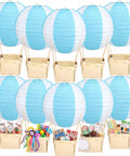 Dope DIY Hot Air Balloon Centerpieces Kit With 12 Blue And White Striped Paper Lanterns 12 Wooden Baskets And 50 Wooden Sticks for decor