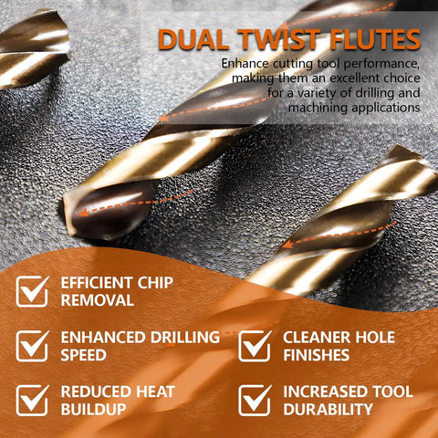 Close-up of dual twist flutes from 74 Piece M35 Cobalt Drill Bit Set 1mm To 8mm High Speed Steel Twist Bits for Tough Metals