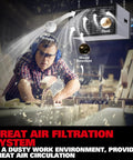 Heavy Duty Hanging Ceiling Air Filtration System For Woodworking Shops And Garages Three Speed Dust Busting Filtration With 300 350 400 CFM in action above worker sawing wood.