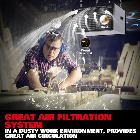 Heavy Duty Hanging Ceiling Air Filtration System For Woodworking Shops And Garages Three Speed Dust Busting Filtration With 300 350 400 CFM in action above worker sawing wood.