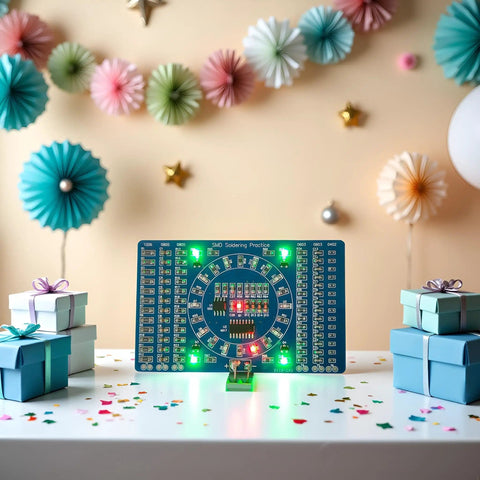 DIY Soldering Practice Kit For SMD SMT Welding Training Board EK7026 with Water Lamp Circuit on a festive table.