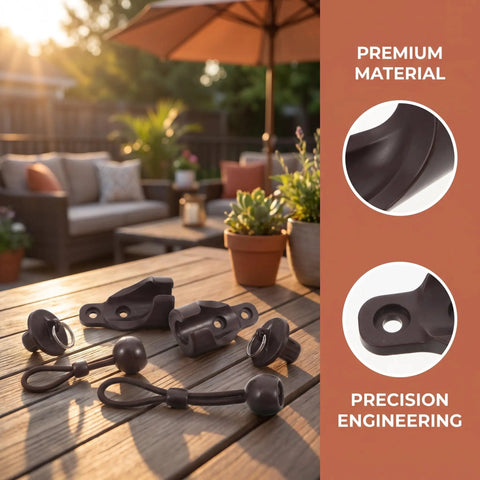Top Rated Roller Blind Replacement Kit With Heavy Duty Mounting Brackets And End Caps For Outdoor Sun Shades, Windows, Patios Or Porches To Keep Blinds Secure In Windy Weather. black brackets and cords on patio table