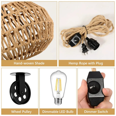 Components of Boho Pendant Light With Plug In Cord And LED Bulb Dimmer Switch 15 Foot Hanging Wicker Rattan Chandelier