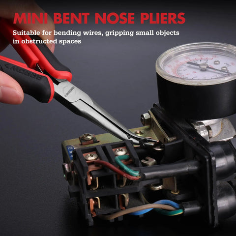 Two Piece Six Inch Needle Nose Pliers Set With Mini Long Nose And Bent Nose Pliers, Spring Loaded Design, Carbon Steel Construction, Precise Jaw Alignment, Great For Electronics, Jewelry Making, DIY Projects And Crafting. Mini bent nose pliers gripping small wires in an electrical component.