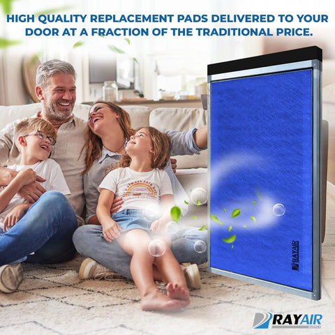 Triple Pack 20x25 Replacement Filter Pads for Dynamic Air Cleaner Frame 20x25x1, displayed with a happy family.