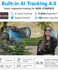 SCORP C2 Camera Gimbal Stabilizer With AI Tracking 4.0 showcased with Canon camera in outdoor setting, gesture control highlighted