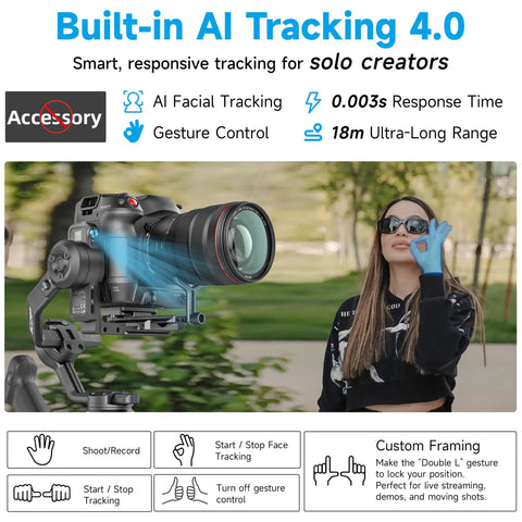 SCORP C2 Camera Gimbal Stabilizer With AI Tracking 4.0 showcased with Canon camera in outdoor setting, gesture control highlighted