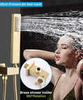 Slick 28 Inch Ceiling Rainfall Shower Panel With Bright Led Display And Six Dual Mode Body Jets Complete Brushed Gold Bathware Kit for hair wash.