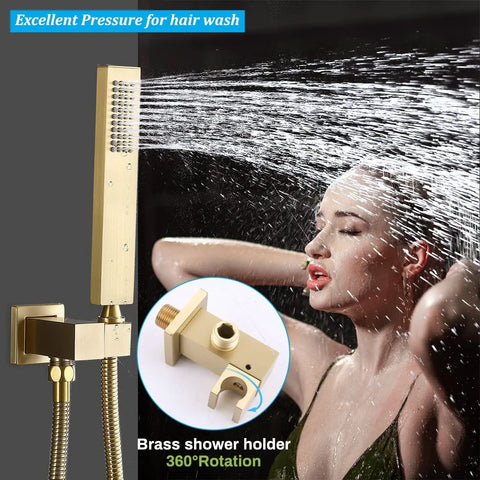 Slick 28 Inch Ceiling Rainfall Shower Panel With Bright Led Display And Six Dual Mode Body Jets Complete Brushed Gold Bathware Kit for hair wash.