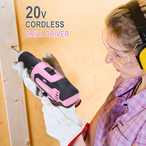 Pink 177-Piece 20V Cordless Drill Driver And Home Tool Set With Storage Case Includes Bit Set Driver Bits Sockets And Pliers For DIY Home Projects And Weekend Repairs